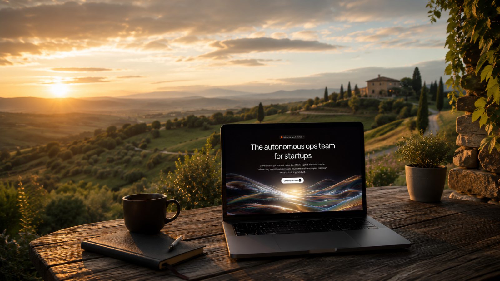 Autozort running on a laptop overlooking the countryside at sunset