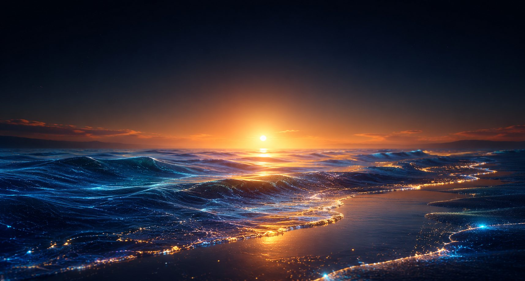 A glowing data ocean at sunset